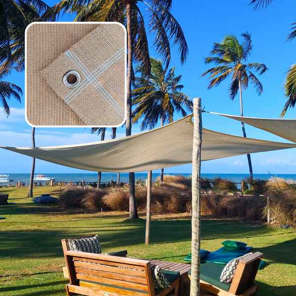 tela toldo sombreamento cor areia instalada e imagem detalhe do ilhós e da costura tripla reforçada